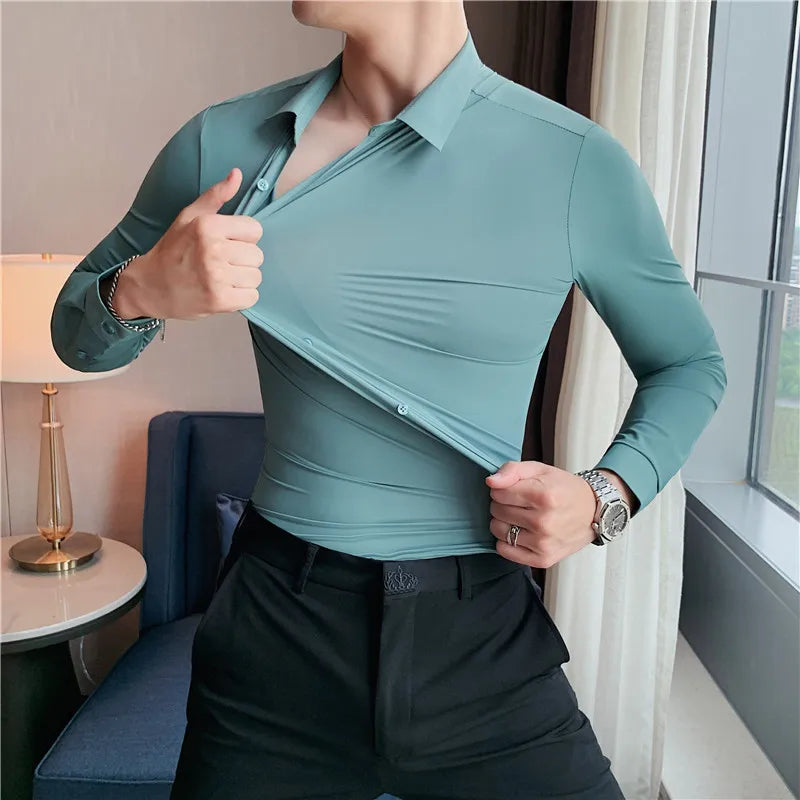 High Elasticity Shirts Mens Long Sleeve Slim Casual Shirt