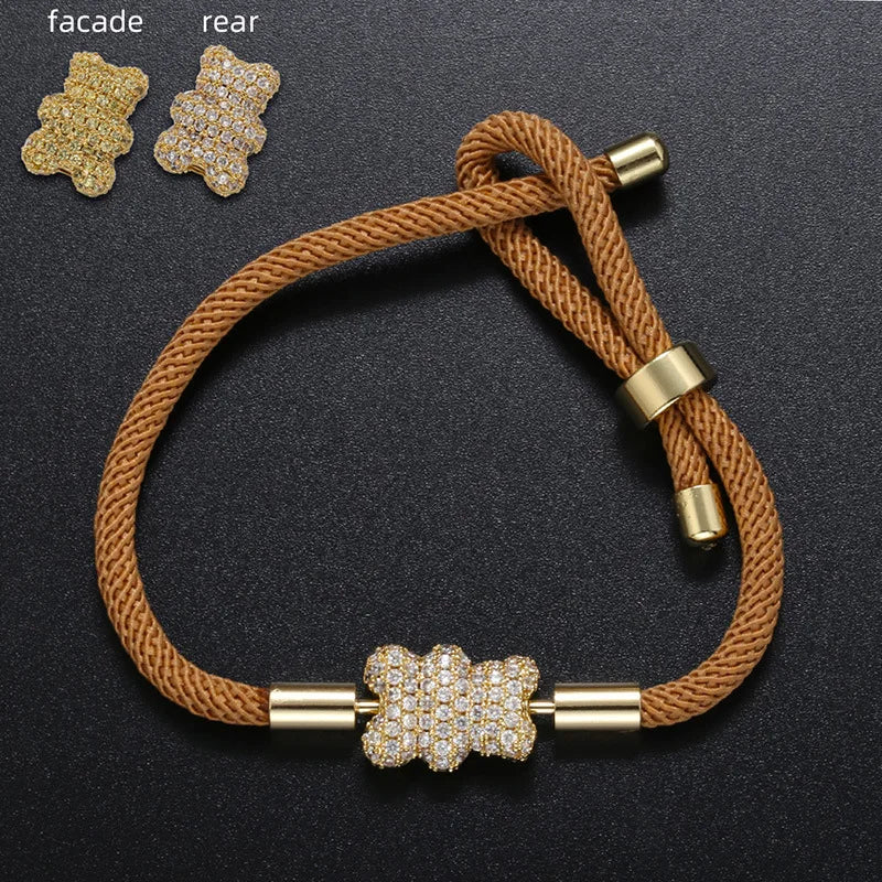 Cute Bear Micro Inlaid Zircon Braided Rope Bracelets for Friends Couple