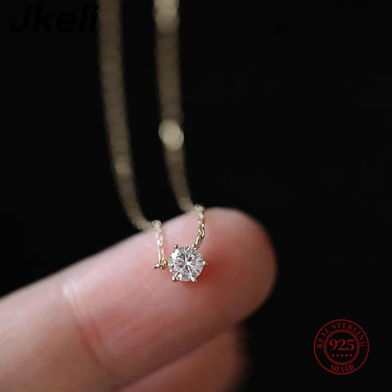 925 Sterling Silver 18k Gold Plated Necklace Single Sparkling Zircon