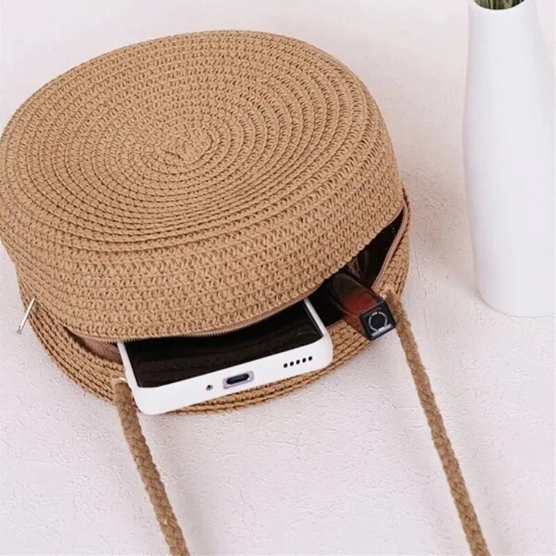 Womens Straw Bag Round Crossbody Purse