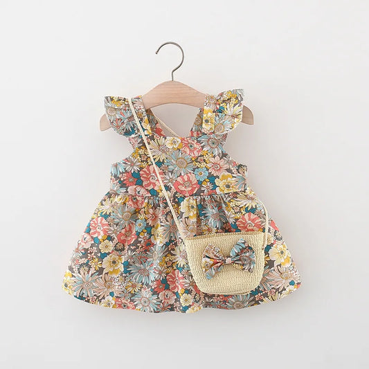 Summer Baby Girls Sleeve Dress with Straw Bag