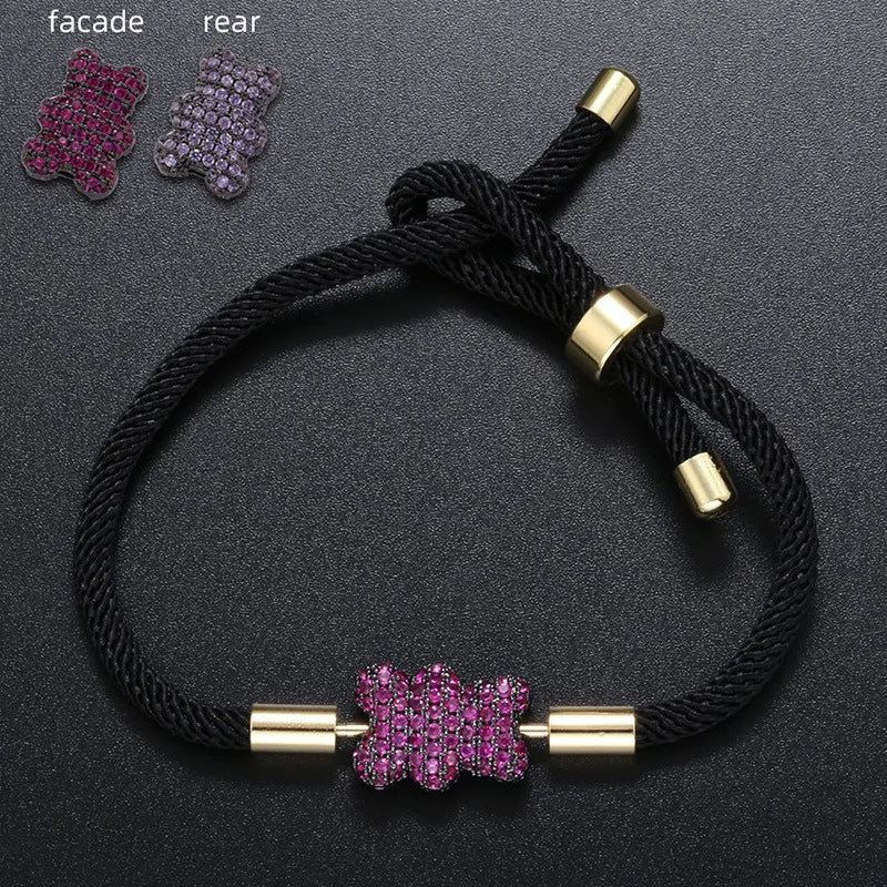 Cute Bear Micro Inlaid Zircon Braided Rope Bracelets for Friends Couple