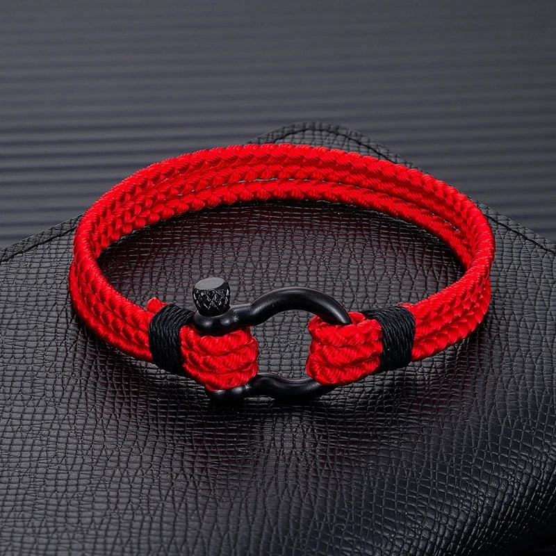 Mens Black Stainless Steel Horseshoe Buckle Keel Rope Bracelet