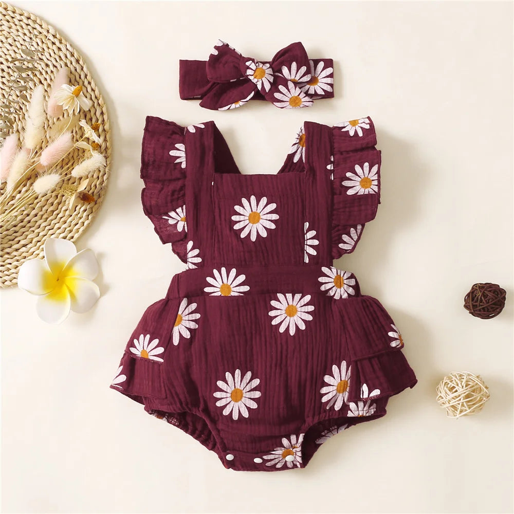 Infant Baby Girl Romper Ruffle Sleeveless Newborn Bodysuit with Headband