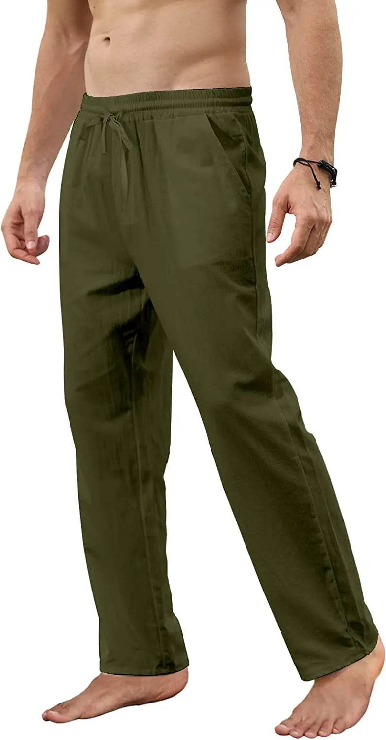 Mens Cotton Linen Casual Pants Loose Breathable Solid Color