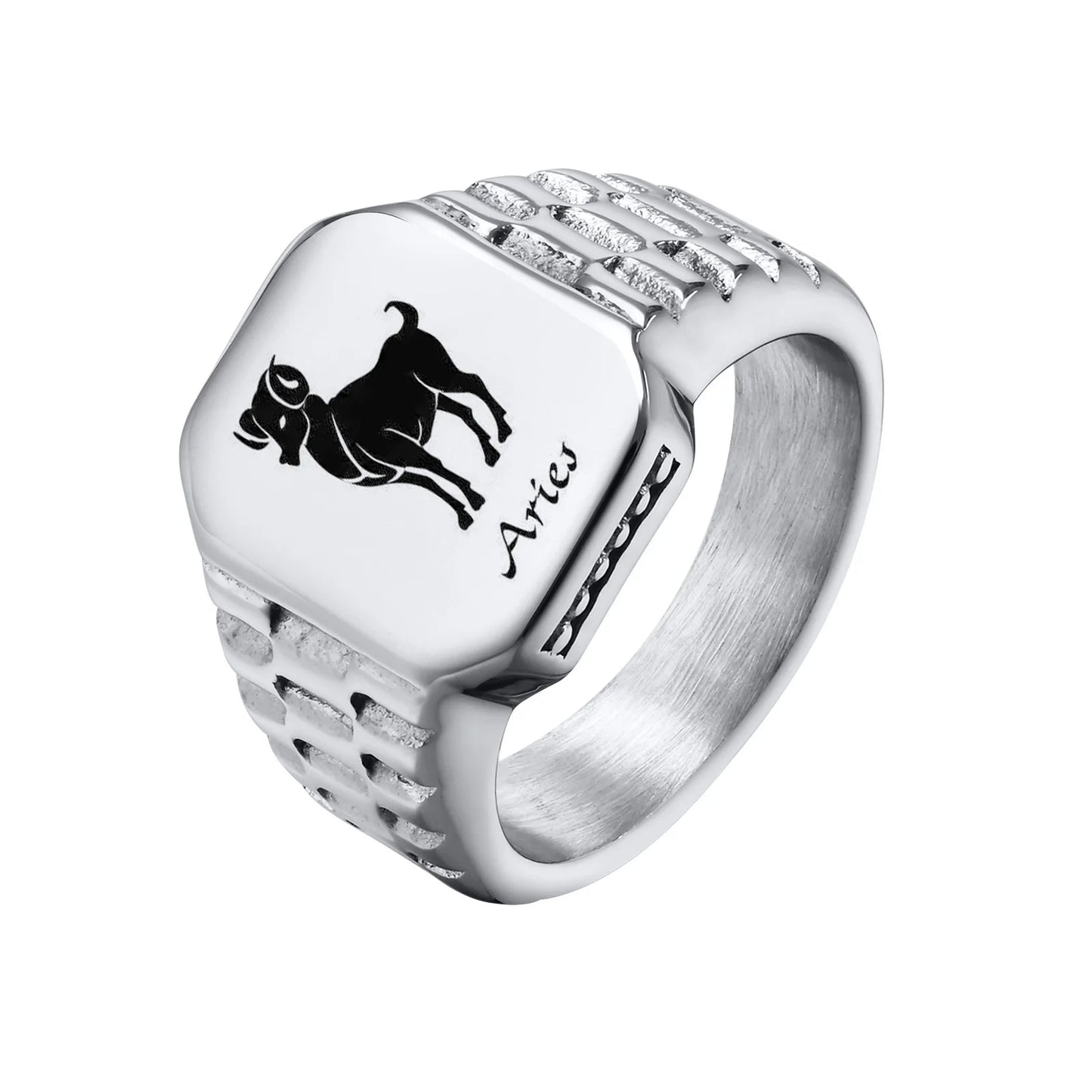 12 Zodiac Signet Stainless Steel Mens Rings