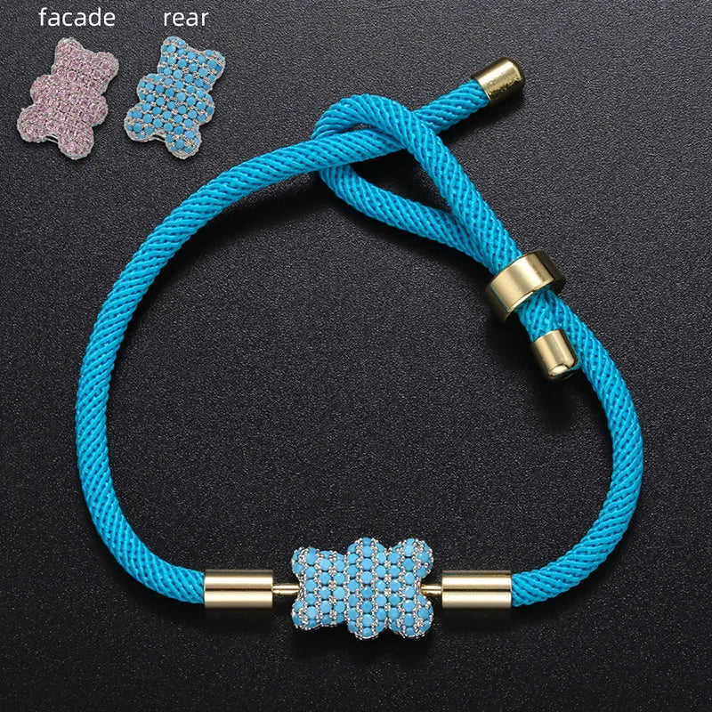 Cute Bear Micro Inlaid Zircon Braided Rope Bracelets for Friends Couple