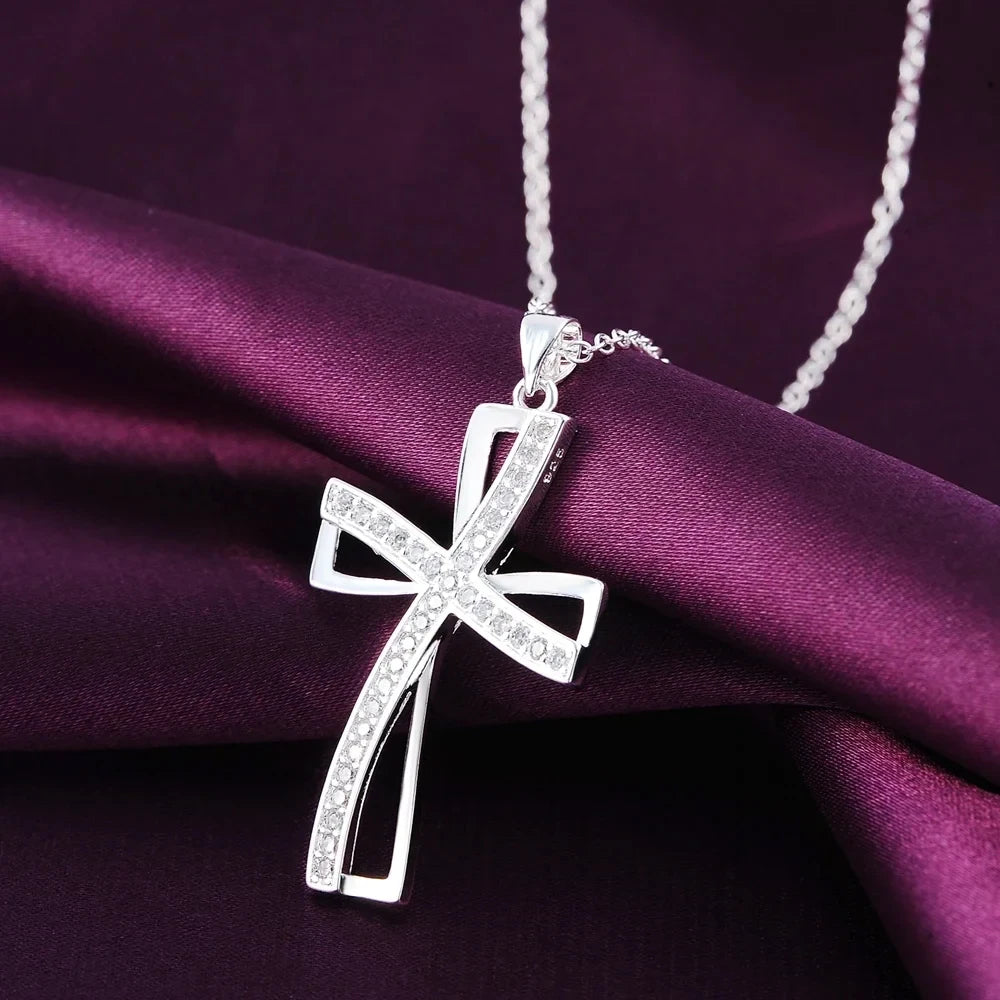 925 Sterling Silver Necklace for Women Cyrstal Cross Pendant Chain