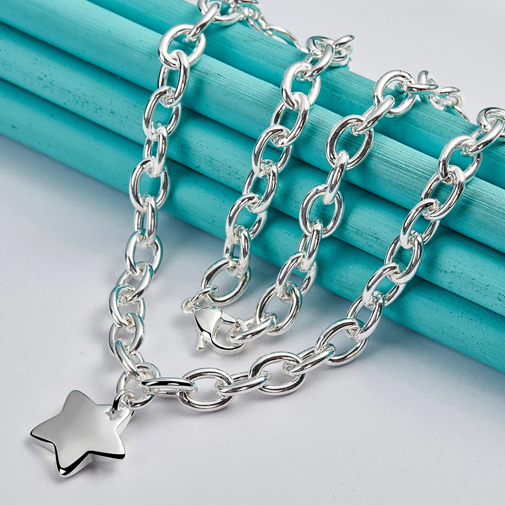 925 Sterling Silver Star Pendant 18 Inch Chain Necklace For Woman