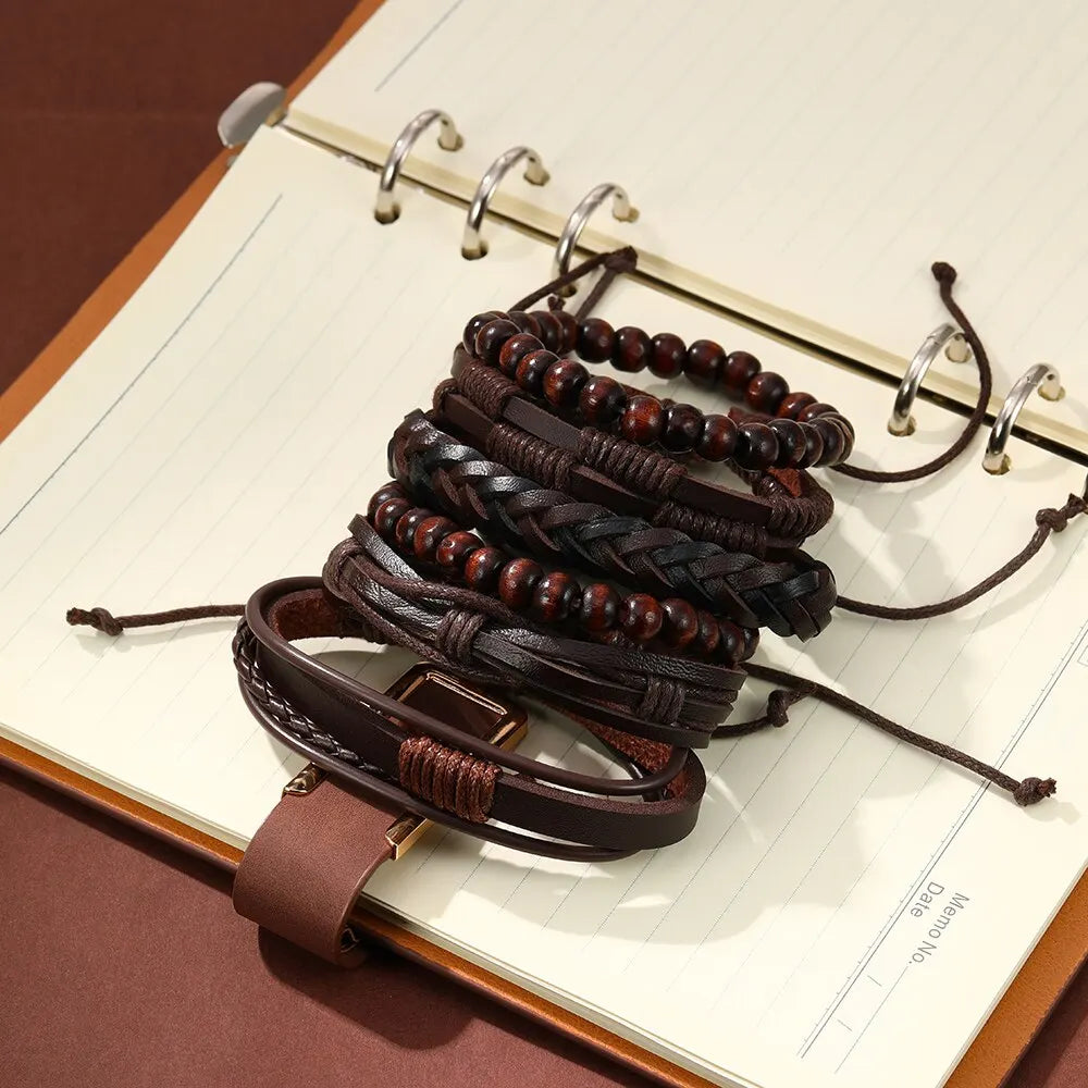 6pcs Set Mens Vintage Braided Leather Bracelet