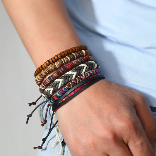 4pcs Set Braided Wrap Leather Mens Bracelet Ethnic Tribal Wristband