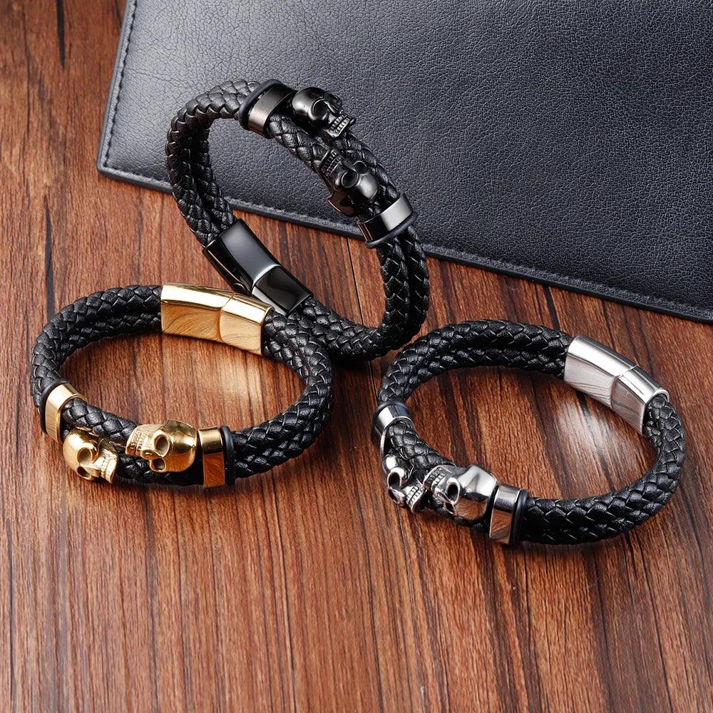 Punk Stainless Steel Charm Magnetic Mens Leather Bracelet