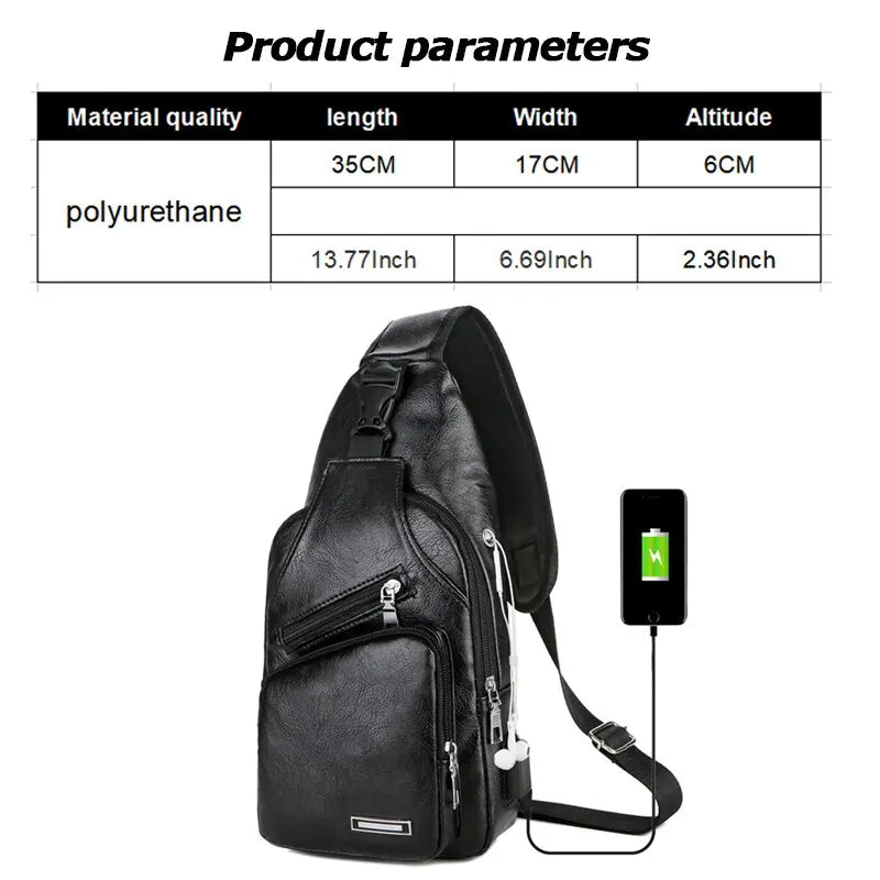 USB Charging Chest Bag Headset Hole Mens Crossbody