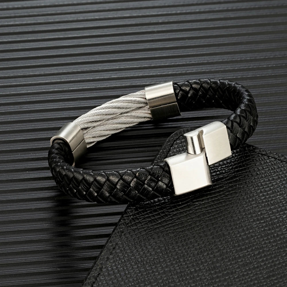 Punk Men Steel Wire Rope Leather Vintage Cuff Bracelet for Men