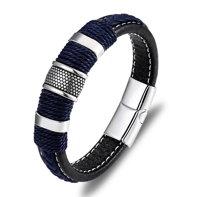 Punk Men Braided Leather Stainless Steel Magnetic Buckle Bracelet