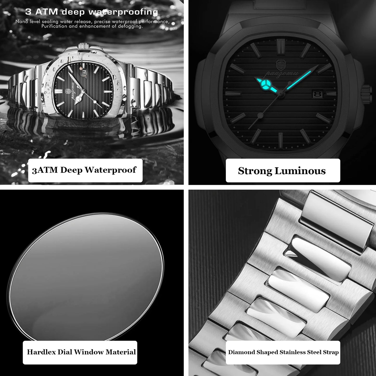 Mens Stainless Steel Quartz Waterproof Luminous Chronograph Watch