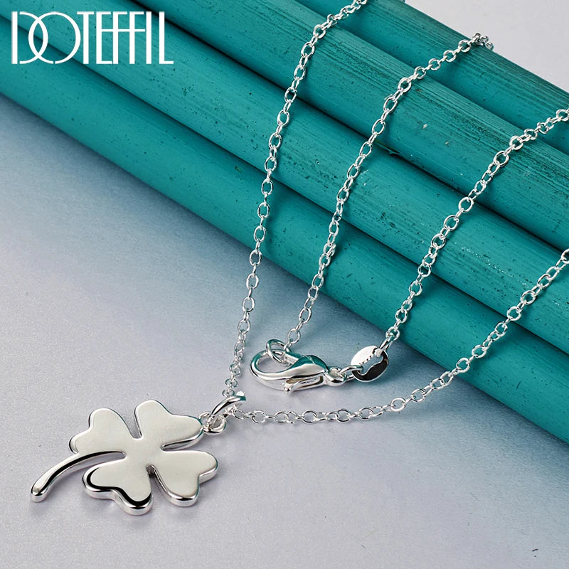 925 Sterling Silver Four Leaf Clover Pendant Necklace Chain For Woman