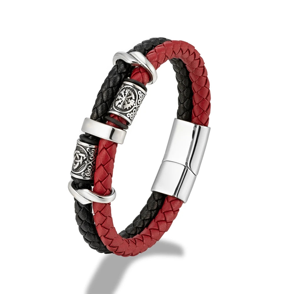 Punk Viking Style Stainless Steel Beads Braided Multilayer Leather Bracelet