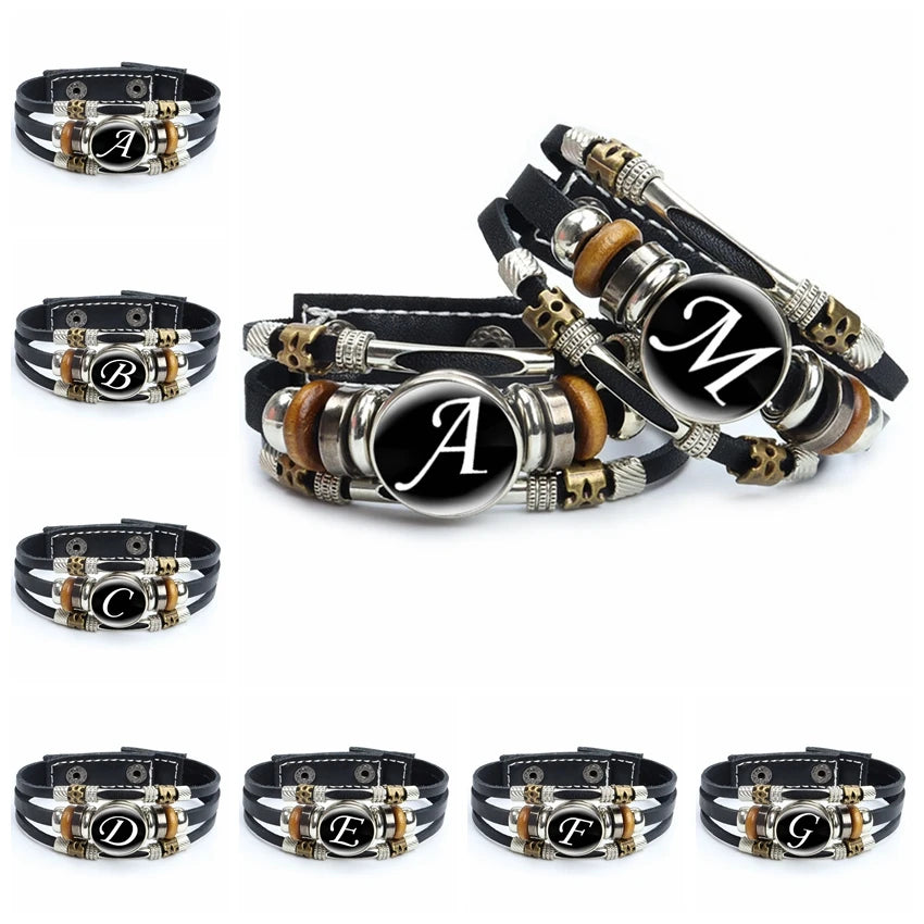 26 Initial Letters Cabochon Glass Adjustable Snap Bracelet