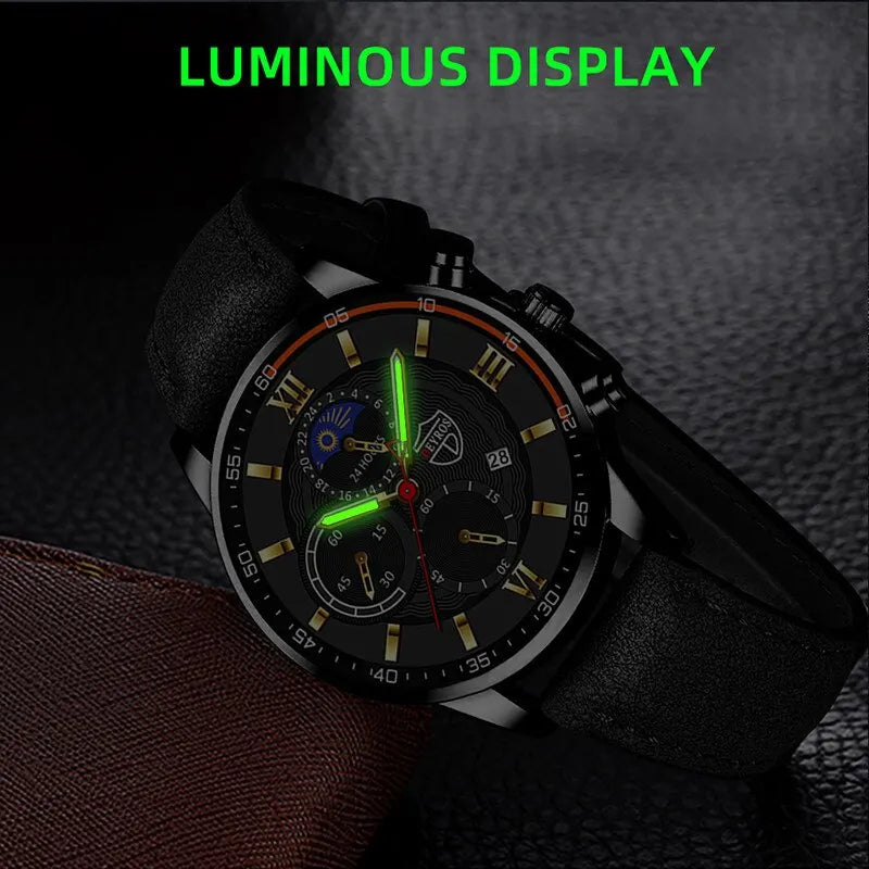 Mens Sports Quartz Watch Leather Bracelet Set