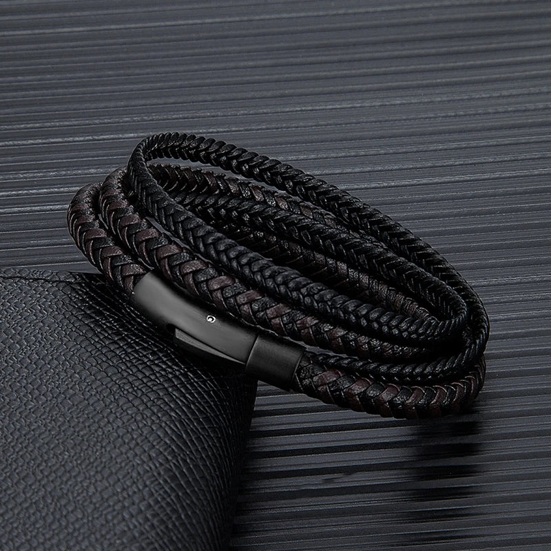 Mens Double Layer Leather Stainless Steel Button Bracelet