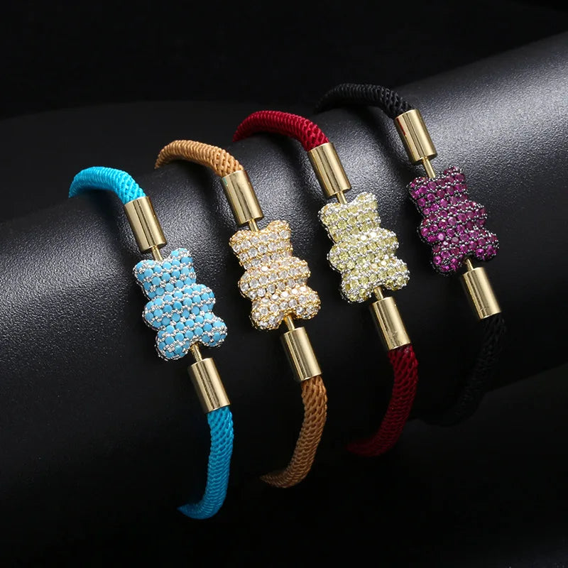 Cute Bear Micro Inlaid Zircon Braided Rope Bracelets for Friends Couple