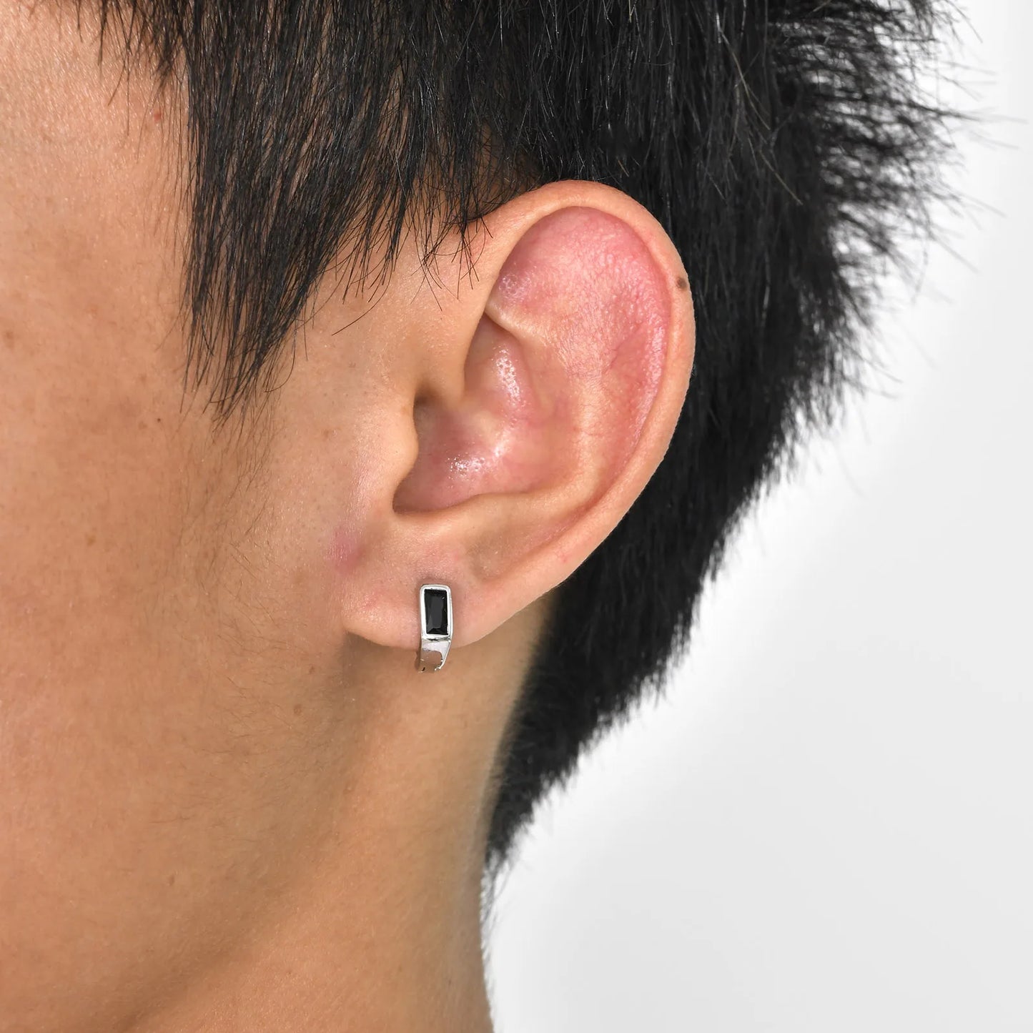 Geometric Black Stone Earrings for Men Silver Color Metal Hoop Earring