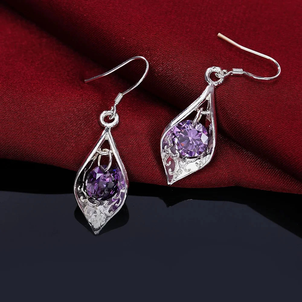 Pure 925 Sterling Silver Earrings Elegant Woman Crystal Amethyst Shell