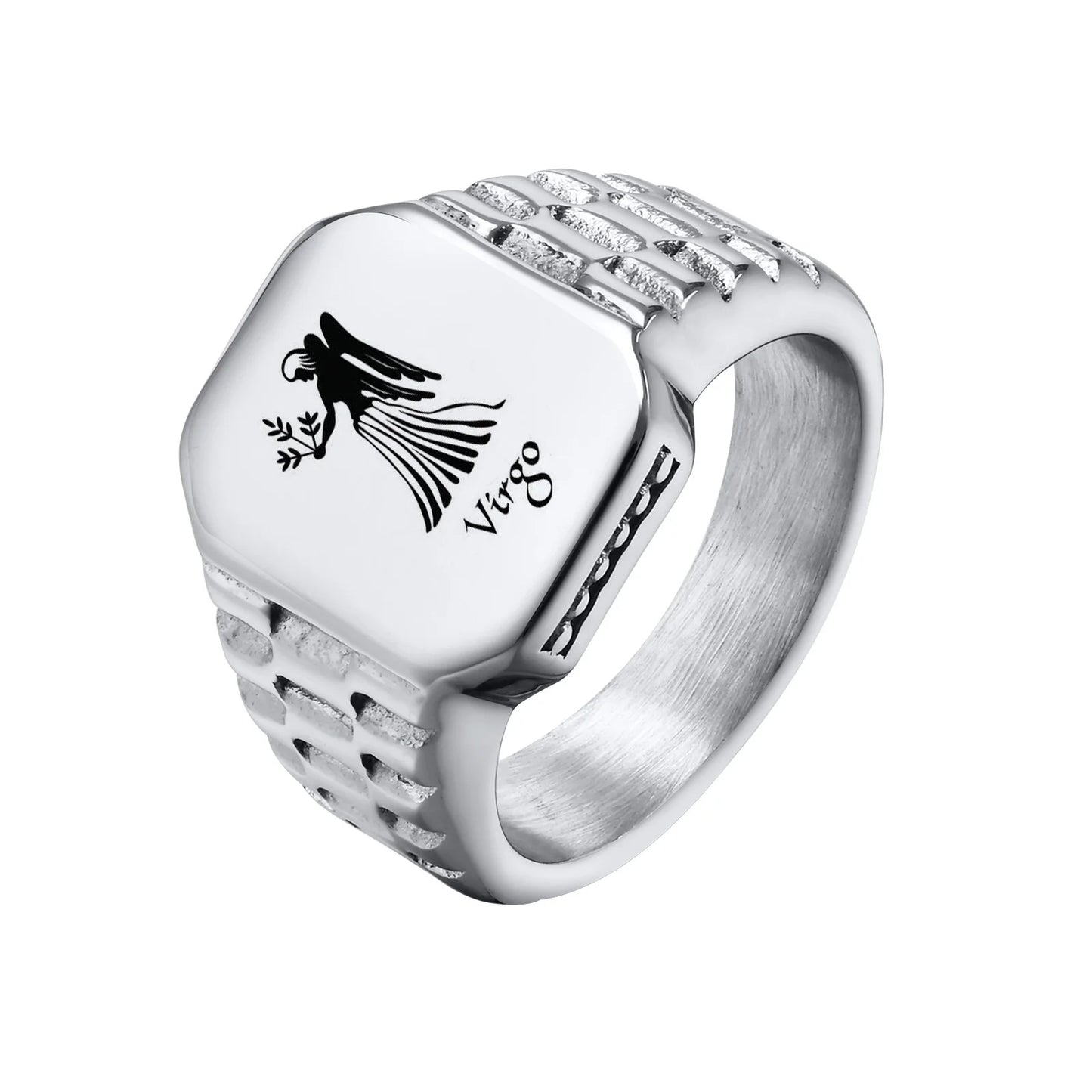 12 Zodiac Signet Stainless Steel Mens Rings