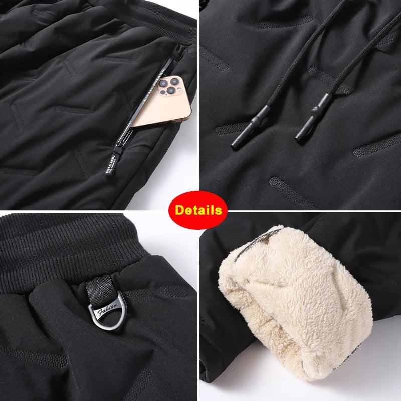 Winter Zip Pockets Thicken Fleece Men Water Proof Thermal Trousers