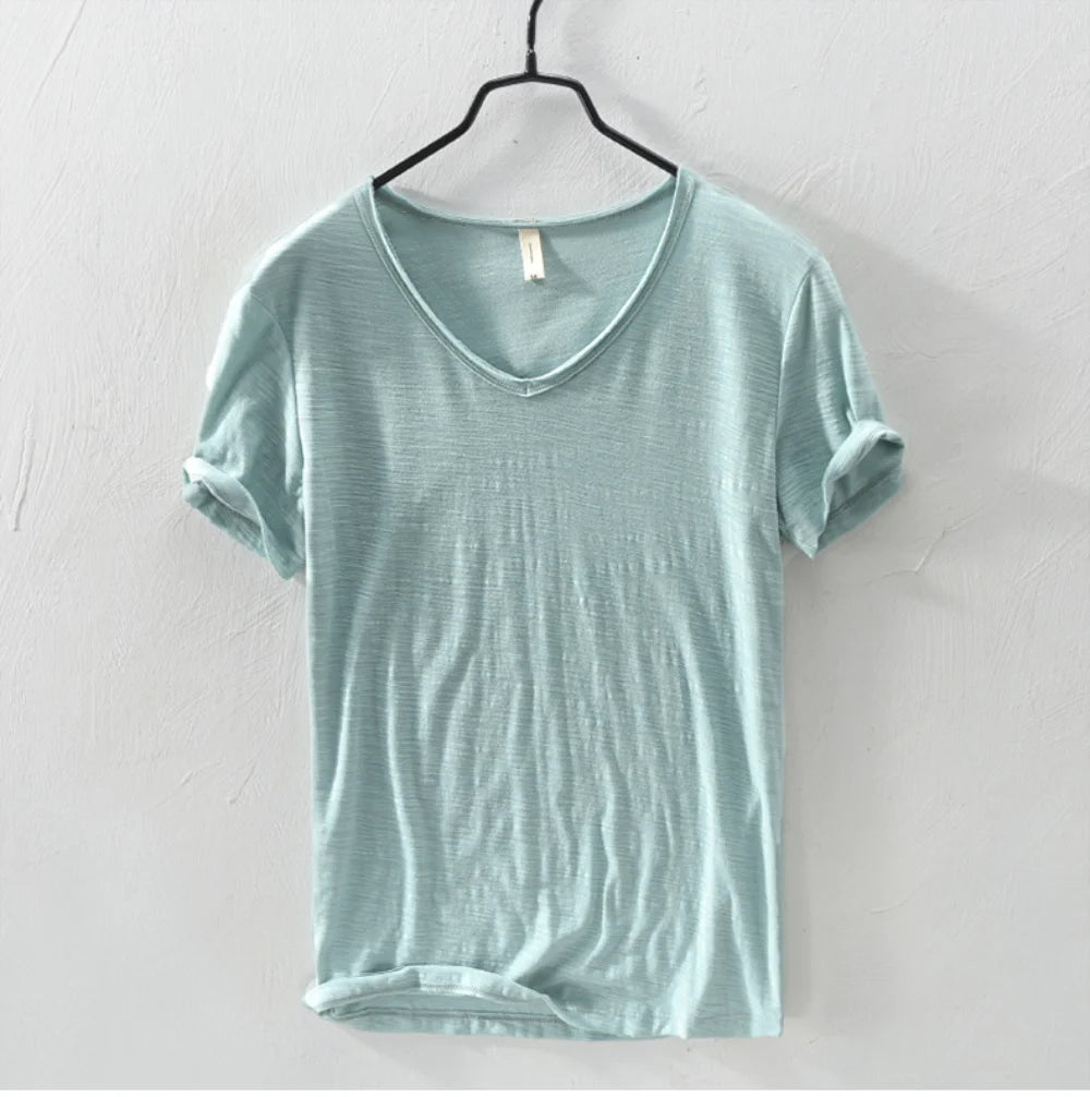 Mens T Shirt Pure Color V Collar Short Sleeved Tops Tees