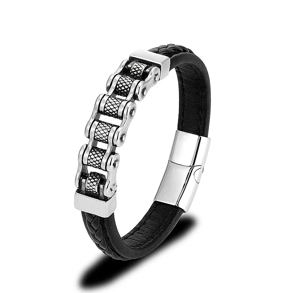 Punk Men Biker Chain Braided Leather Bracelet Stainless Steel Magnetic Buckle