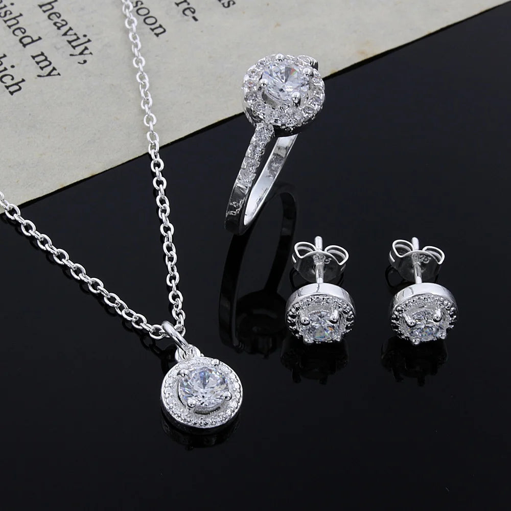 925 Sterling Silver Women Shiny Crystal CZ Necklace Earring Ring Set