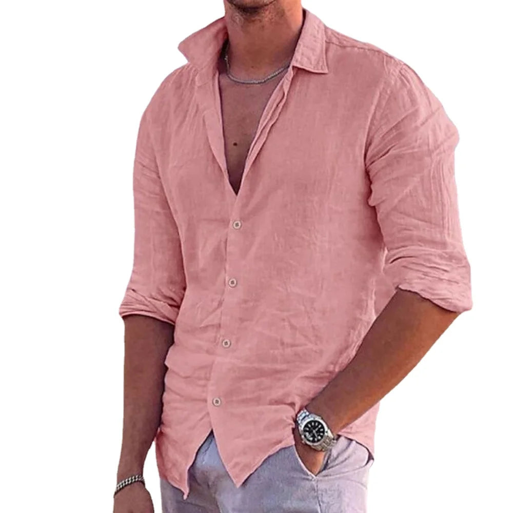 Mens Shirt Cotton Linen Fashion Casual Polo Neck Beach Shirts