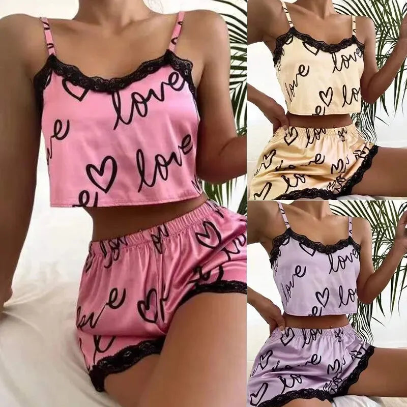 Womens Pajama Set Shorts Suit Homewear Print Underwear Nightwear