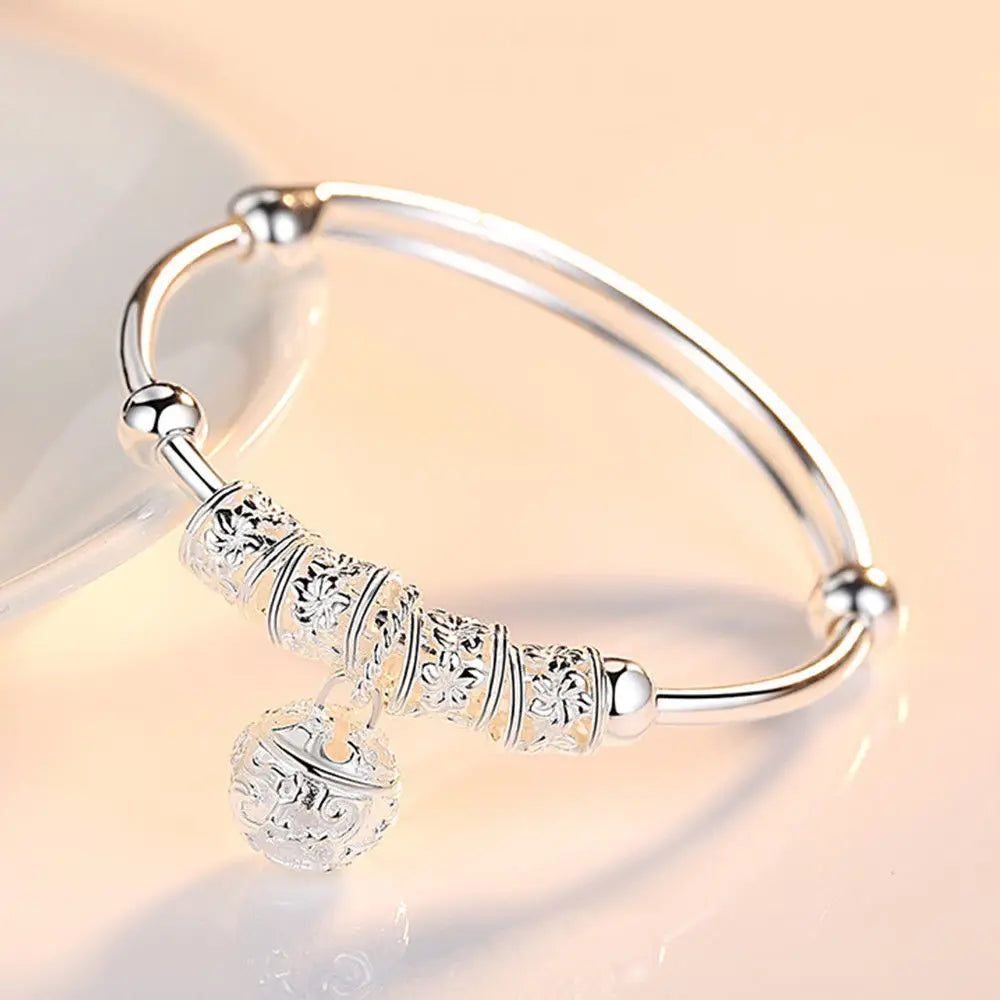 925 Sterling Silver Hollow Bells Ball Bangles Bracelets for Women