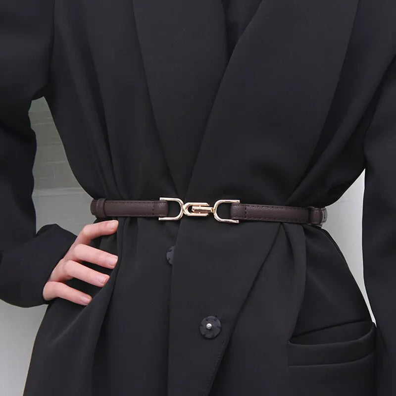 Womens Leather Skinny Belt Gold Buckle