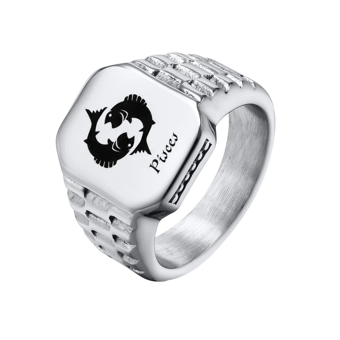 12 Zodiac Signet Stainless Steel Mens Rings