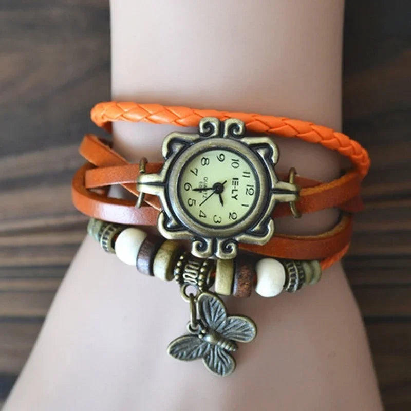 Womens Casual Vintage Multilayer Butterfly Faux Leather Bracelet Watch