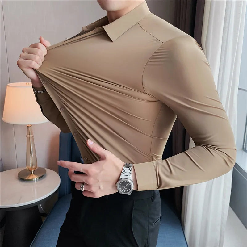 High Elasticity Shirts Mens Long Sleeve Slim Casual Shirt