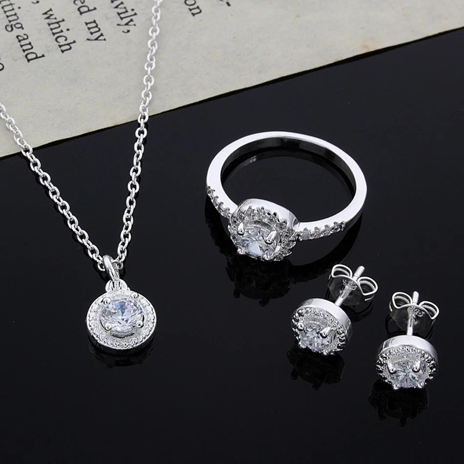 925 Sterling Silver Women Shiny Crystal CZ Necklace Earring Ring Set