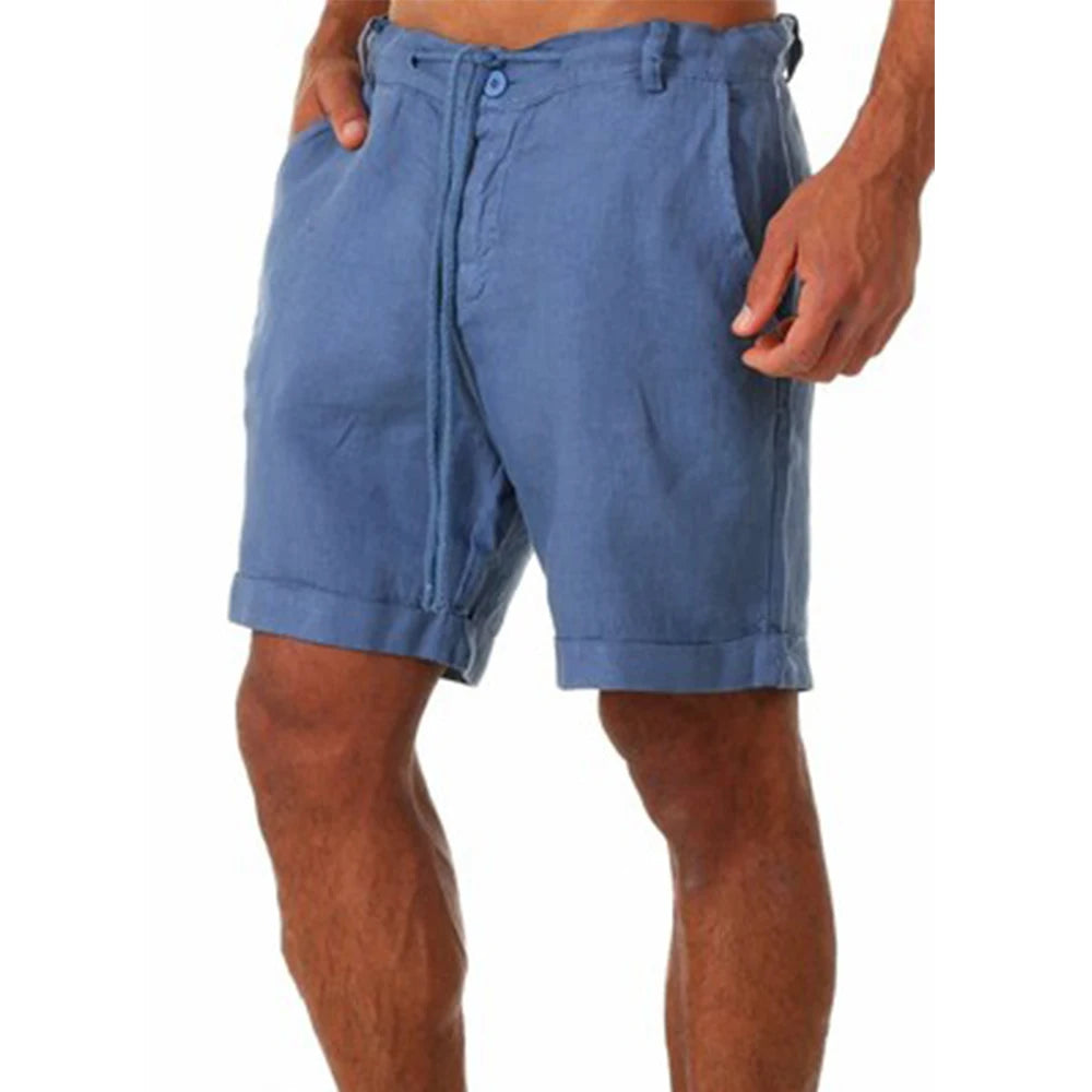 Mens Cotton Linen Shorts Summer Breathable Solid Color