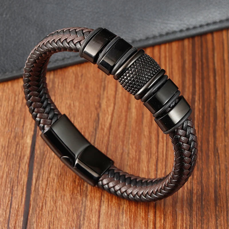 Charm Braided Wrap Stainless Steel Handmade Mens Leather Bracelet