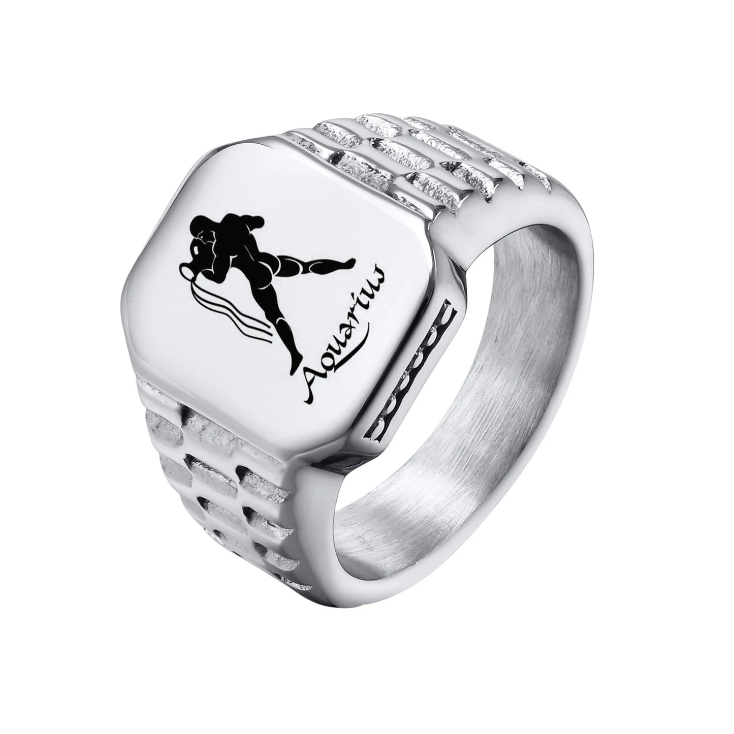 12 Zodiac Signet Stainless Steel Mens Rings