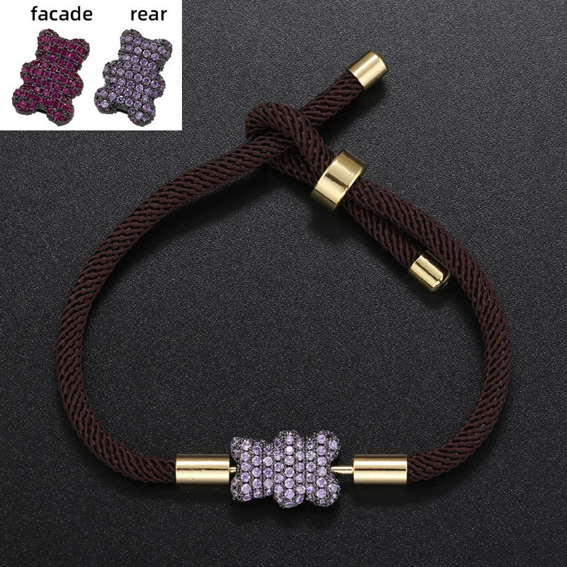 Cute Bear Micro Inlaid Zircon Braided Rope Bracelets for Friends Couple