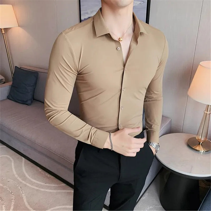 High Elasticity Shirts Mens Long Sleeve Slim Casual Shirt