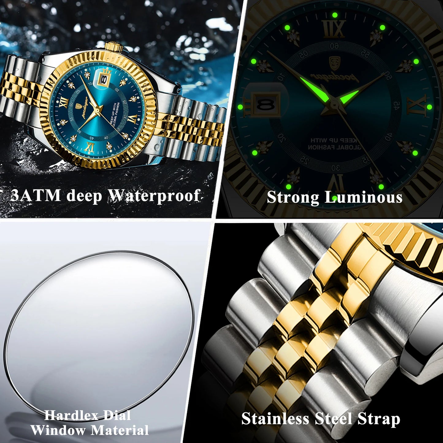 Luxury Sport Wristwatch Waterproof Luminous Stainless Steel Mens Quartz Watch