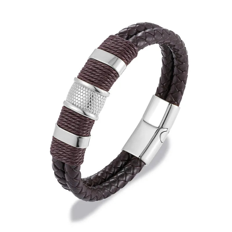 Punk Men Braided Leather Stainless Steel Magnetic Buckle Bracelet