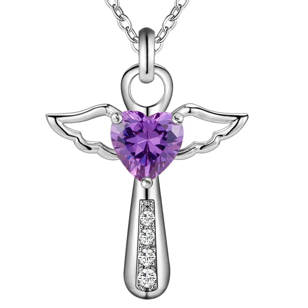 925 Sterling Silver Women Angel Crystal Cross Pendants Chain Neckalce