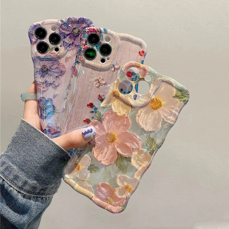 Laser Blue Light Flowers Phone Case For iPhone 15 14 13 12 11 Pro Max